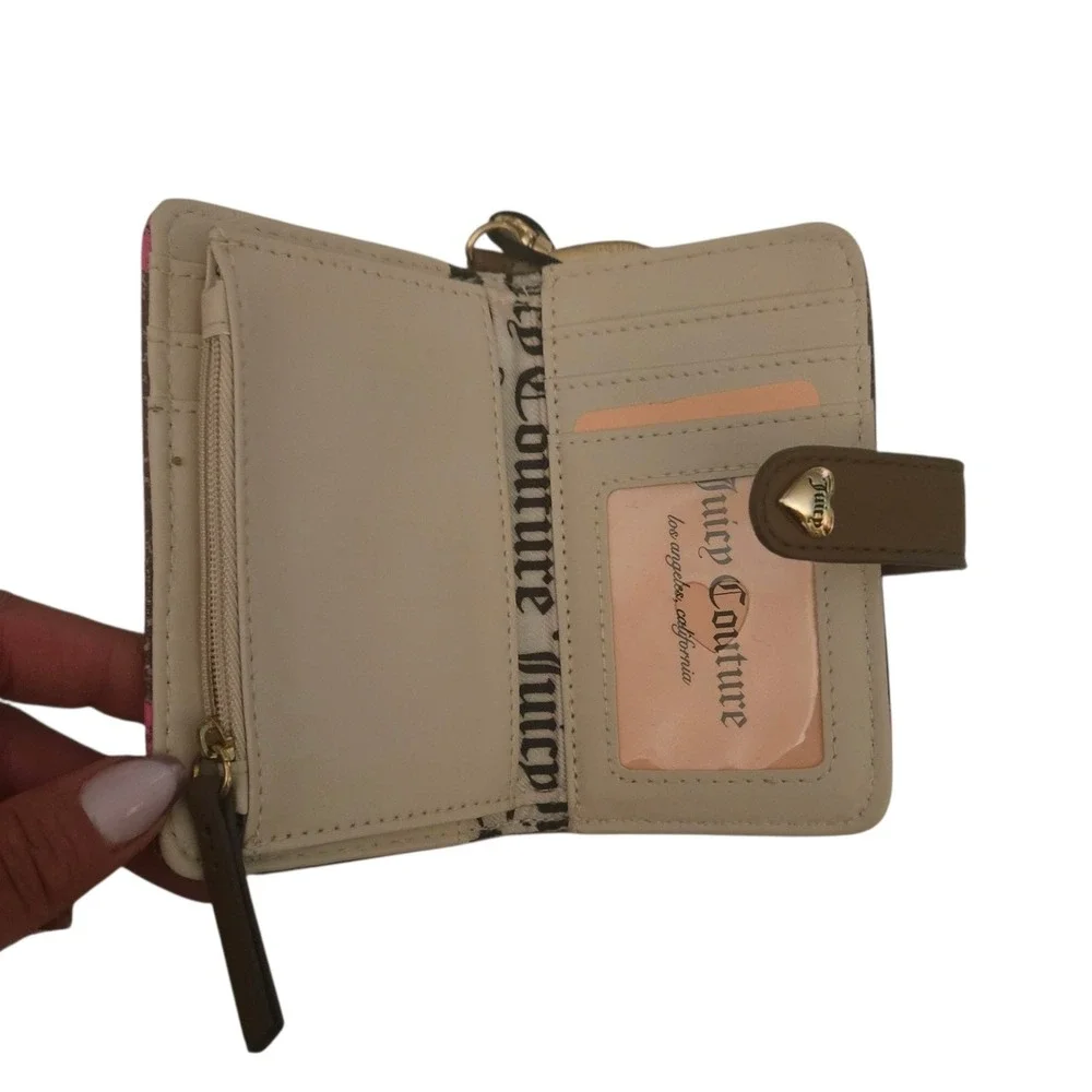 Juicy Couture Wallet Brown Pink Hearts‎ Logo Snap Closure Charm Cute